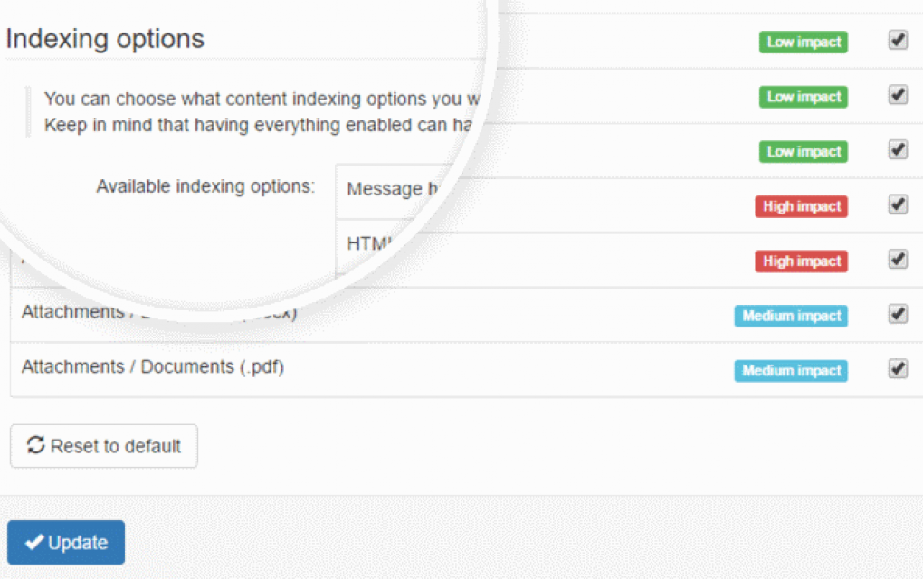 indexing options